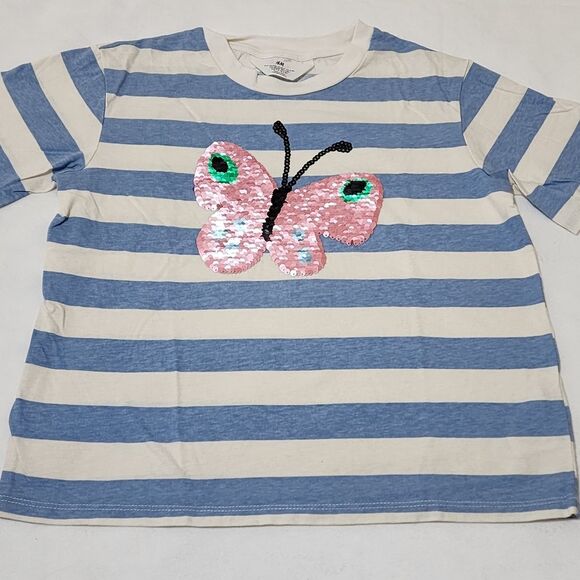 H&M Girls Striped Blue & Pink Butterfly Flip Sequin T-shirt Size 6x/7 - Picture 1 of 8